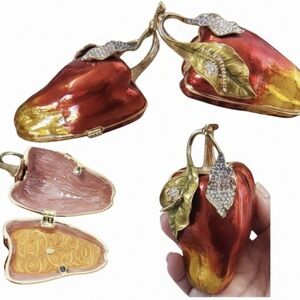 Rare Rucinni Trinket Box Big Red Gold Apple Swarovski Crystals Leaf Gold Trim